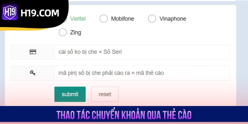 Thao tác chuyển khoản qua thẻ cào